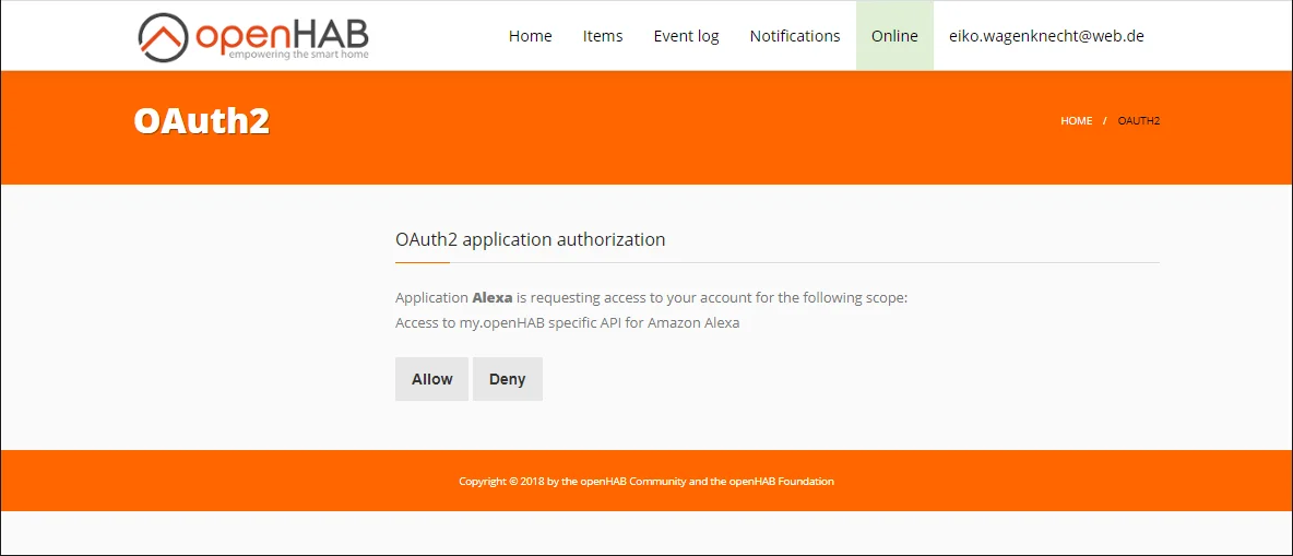 openHAB Skill permissions for Alexa