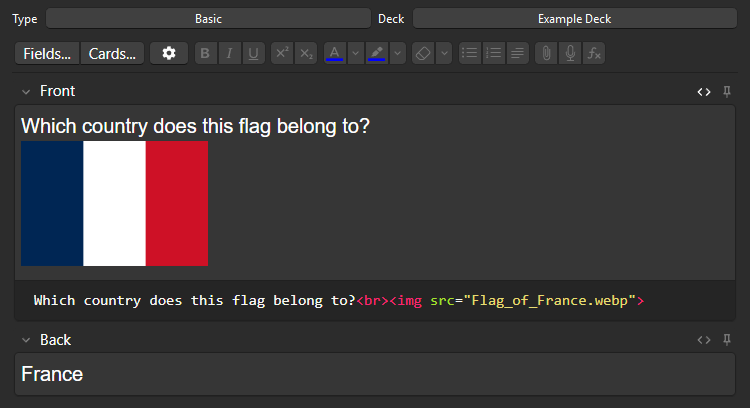Example of a flag quiz flashcard in Anki