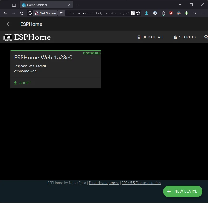 The ESPHome dashboard showing the new device