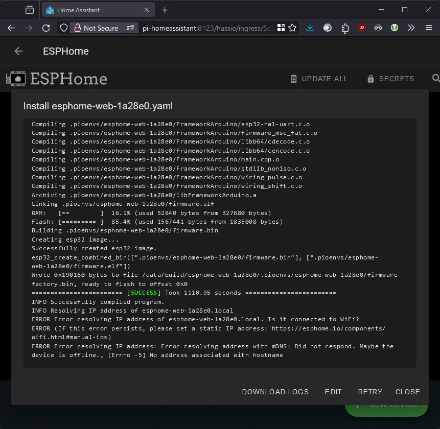 The ESPHome dashboard showing the flash progress