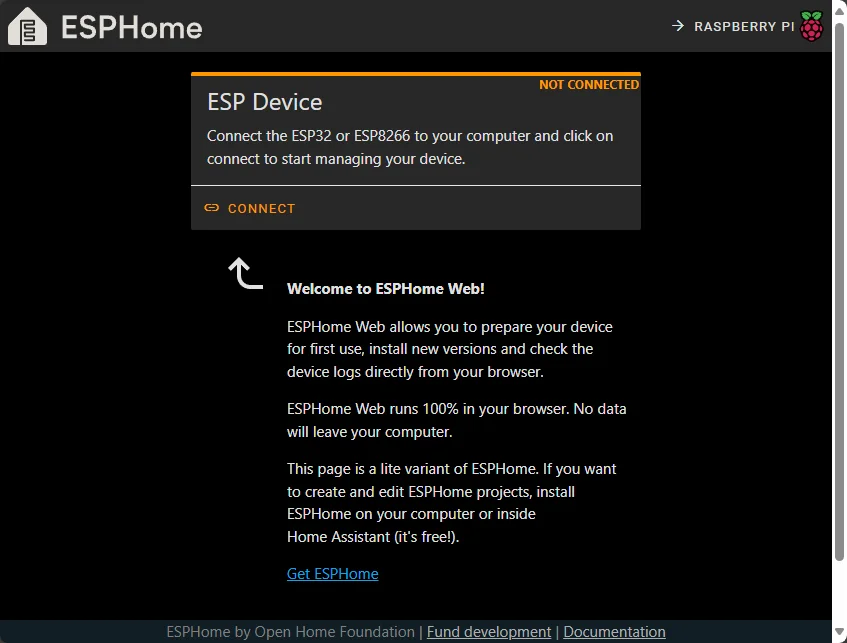 The ESPHome Web Wizard connect screen