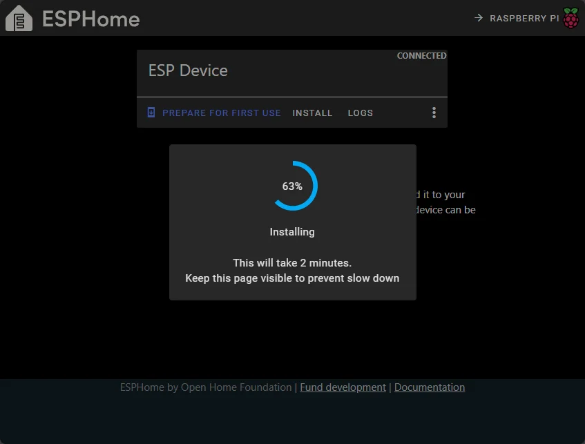 The ESPHome Web Wizard flashing screen