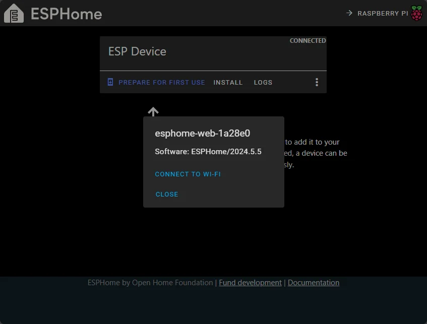 The ESPHome Web Wizard prepare for first use screen