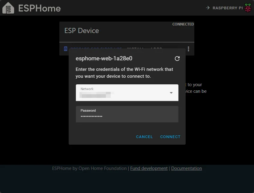 The ESPHome Web Wizard Wi-Fi setup screen