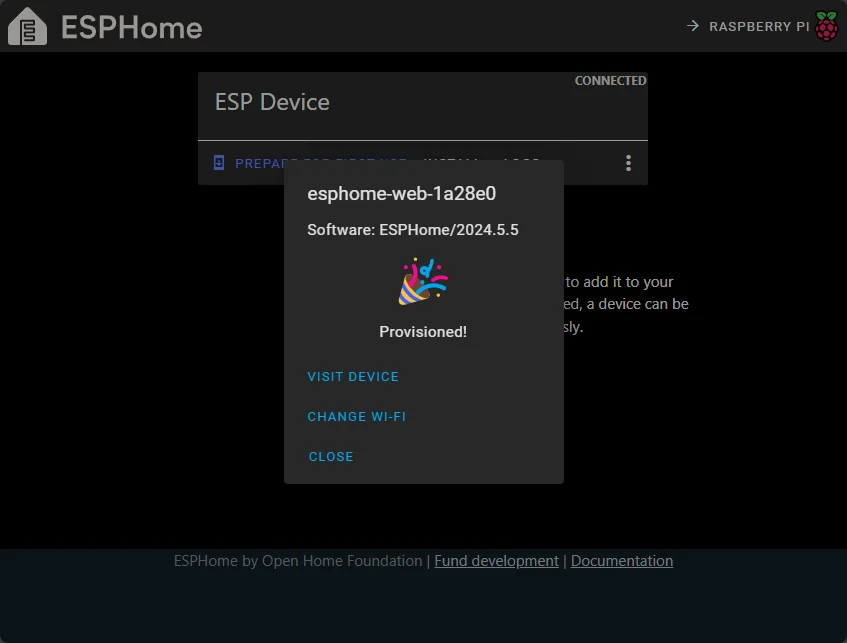 The ESPHome Web Wizard setup complete screen