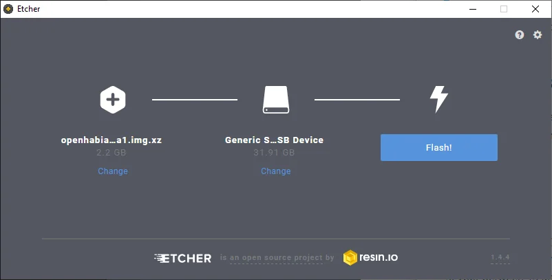 Etcher Interface mit ausgewähltem openHABian Image