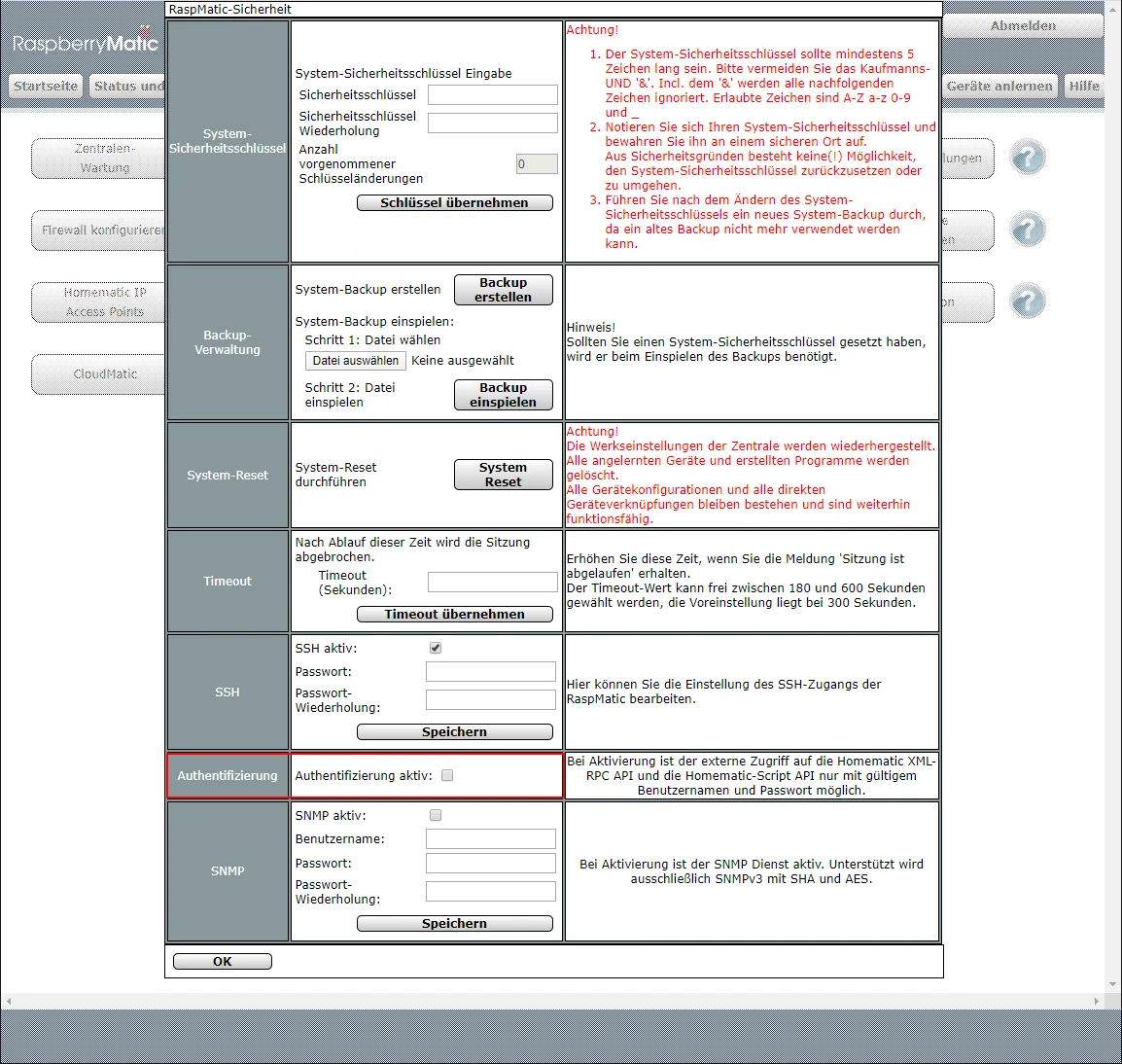 CCU3 authentication settings