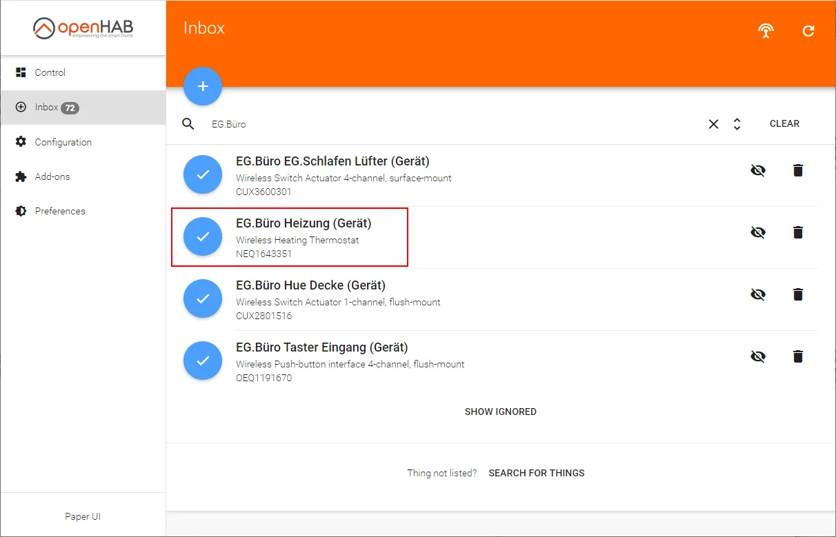 Homematic thermostat in the openHAB Inbox