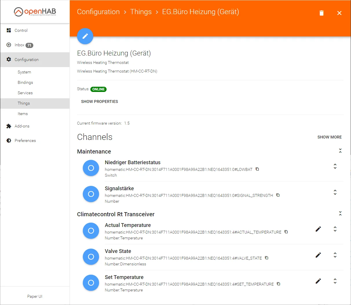 Channels of the Homematic thermostat in openHAB