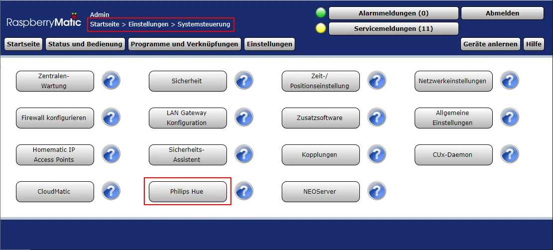 Opening the Hue Addon in Homematic