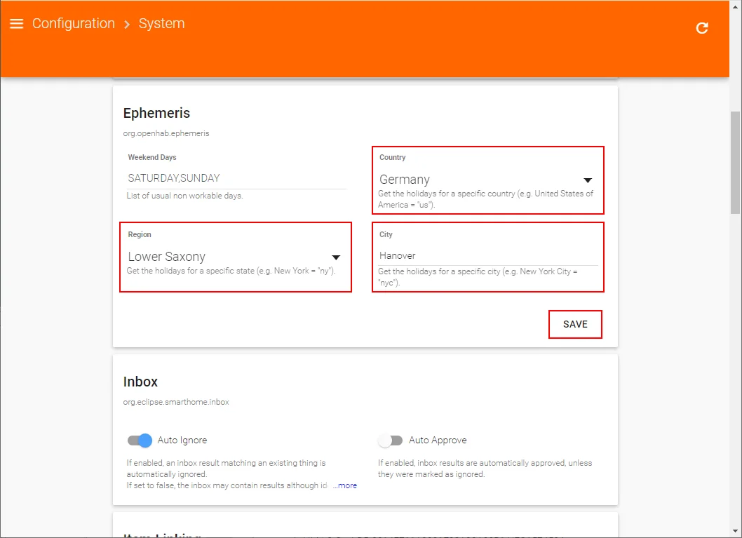 Ephemeris Einstellungen in openHAB