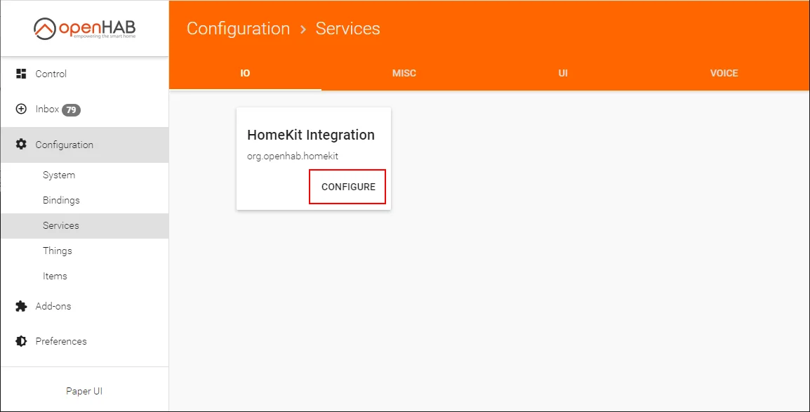 Configuring the HomeKit binding in openHAB - Menu selection