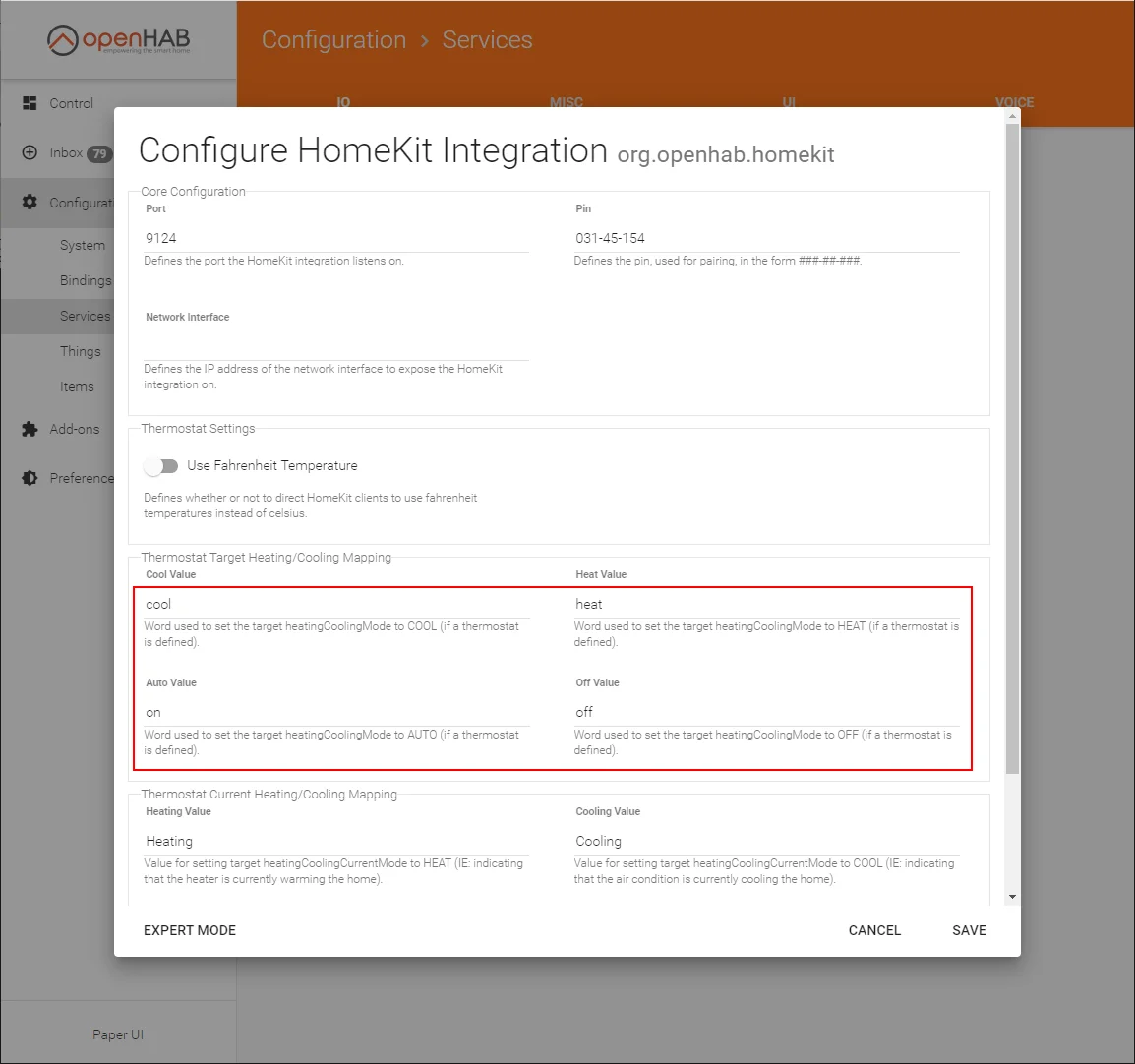 Configuring the HomeKit binding in openHAB - Settings