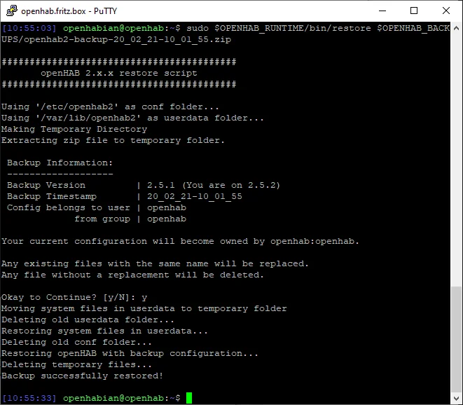 openHAB restoration command in the console