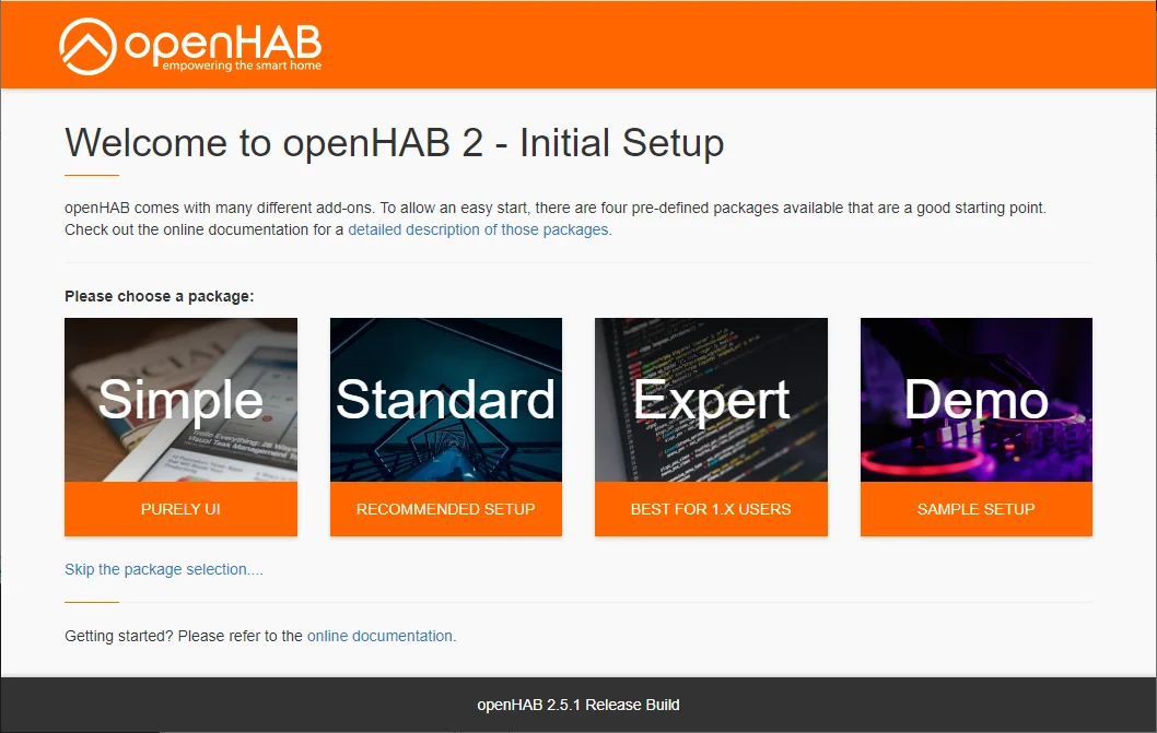 Initiale Konfigurationsauswahl in openHAB