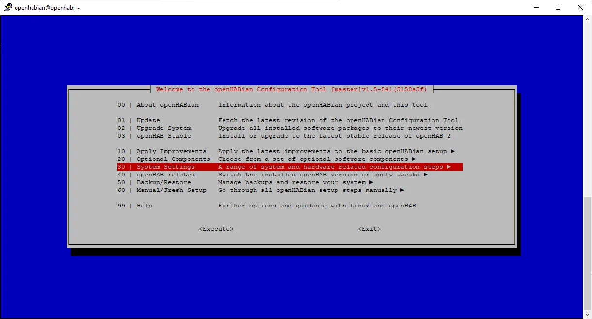System Settings Menü in openhabian-config