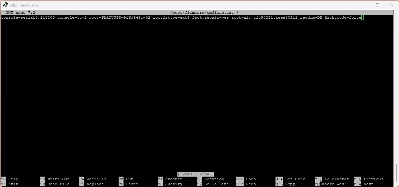 Screenshot of editing cmdline.txt