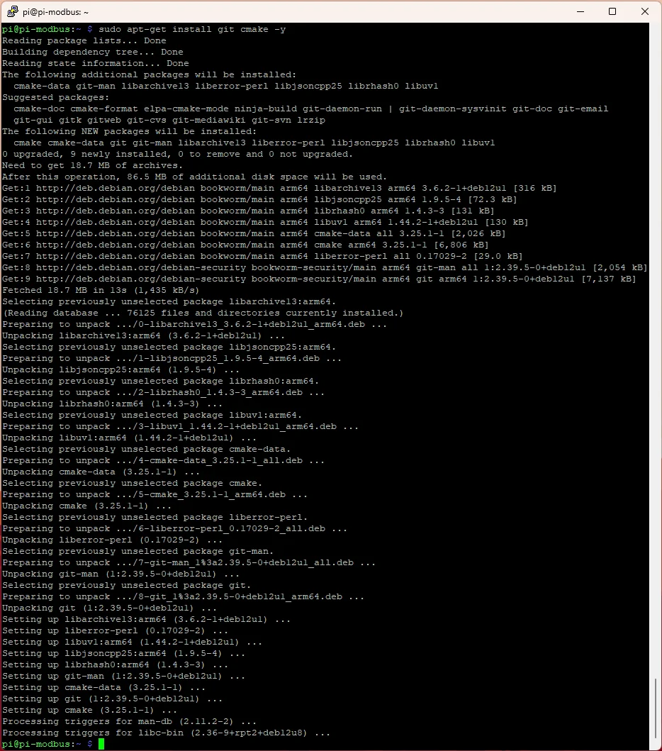 Screenshot of the terminal showing the installation of git and cmake.