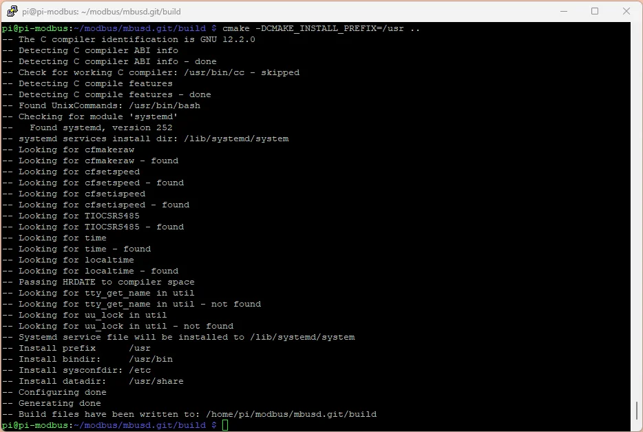 Screenshot of the terminal showing the cmake command.