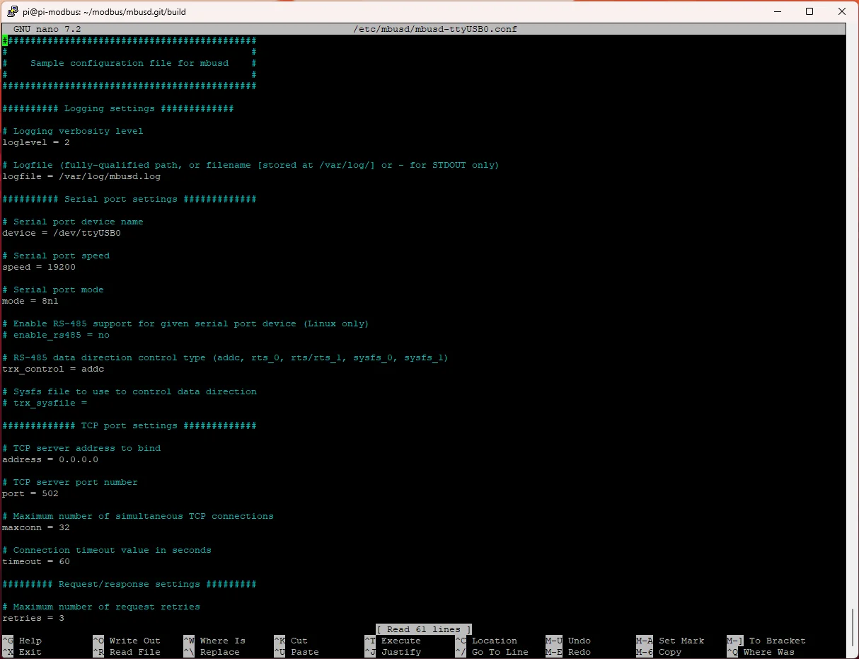 Screenshot of the terminal showing the nano editor with the mbusd configuration file.