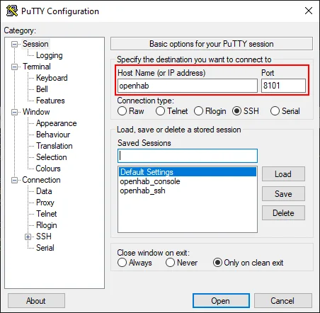 PuTTY Verbindung zur Karaf Konsole