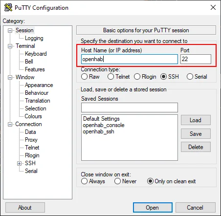 PuTTY SSH Verbindung zu openHAB