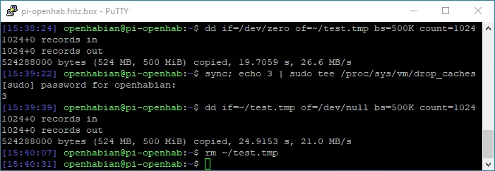 Screenshot of the console output of the SD card speed test