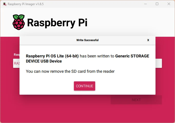 Screenshot of Raspberry Pi Imager, flashing done