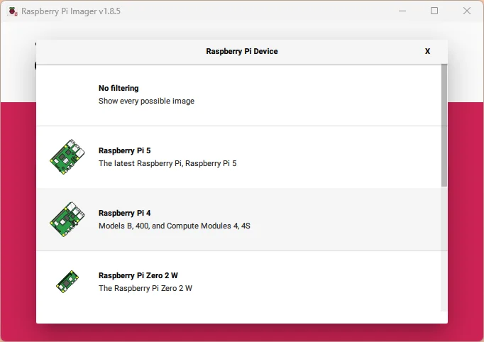 Screenshot of Raspberry Pi Imager, choosing the Raspberry Pi model