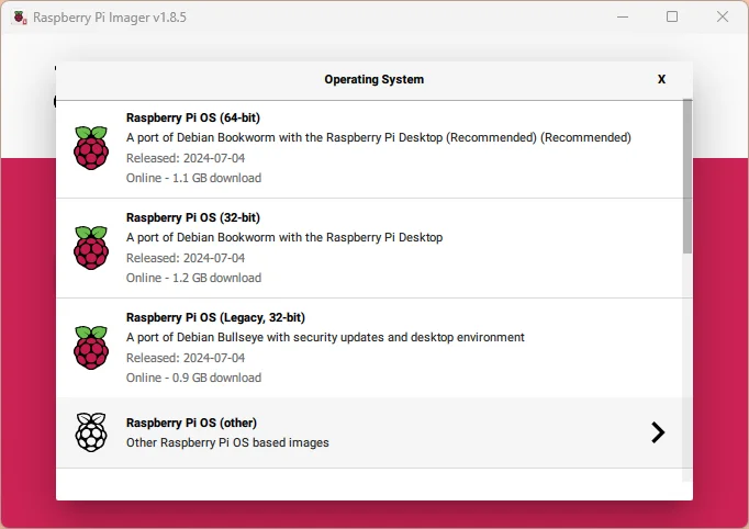 Screenshot of Raspberry Pi Imager, choosing Raspberry Pi OS (other)