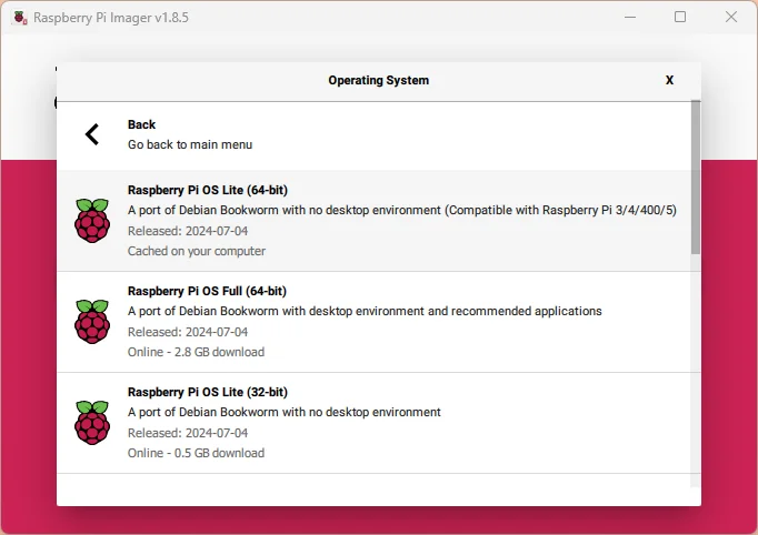 Screenshot of Raspberry Pi Imager, choosing Raspberry Pi OS Lite (64-bit)