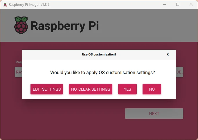 Screenshot of Raspberry Pi Imager, clicking 'Edit settings'