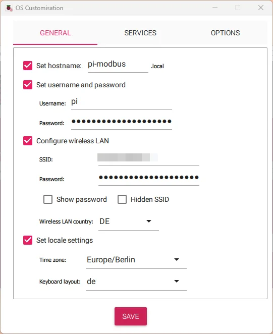 Screenshot of Raspberry Pi Imager, setting the hostname, user and WiFi