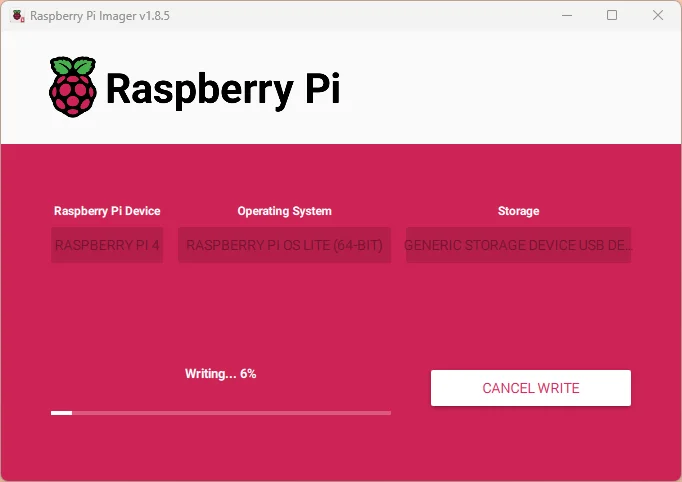 Screenshot of Raspberry Pi Imager, flashing process