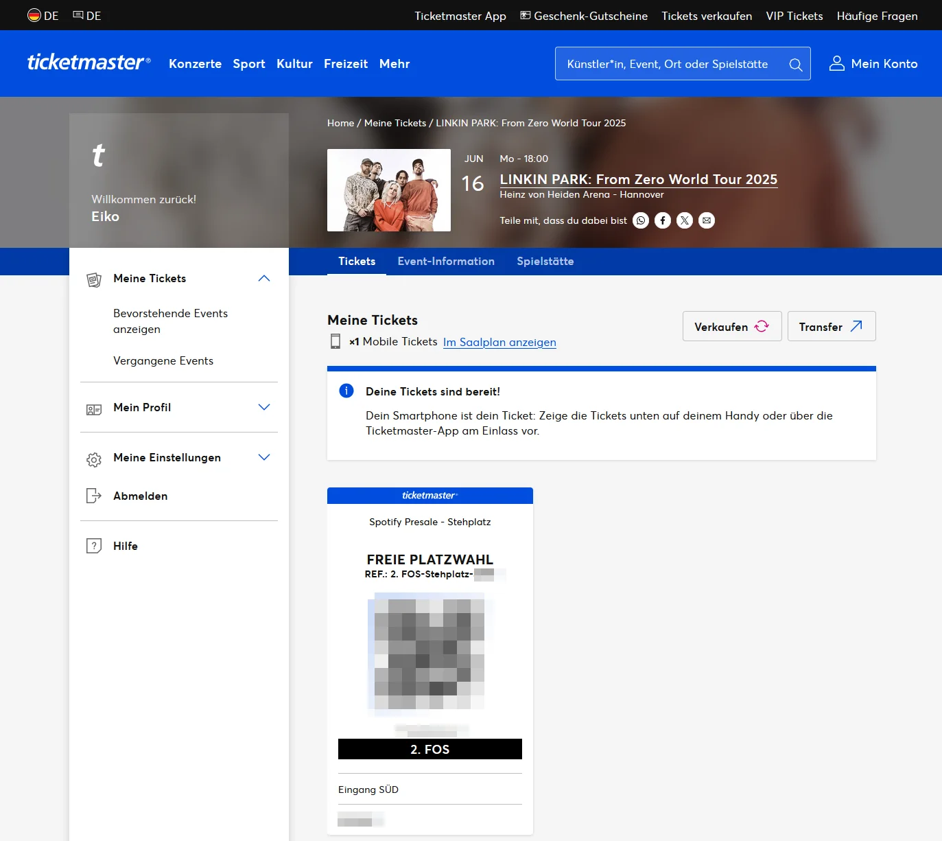 Image of the Ticketmaster website, not showing any download option for Apple Wallet tickets