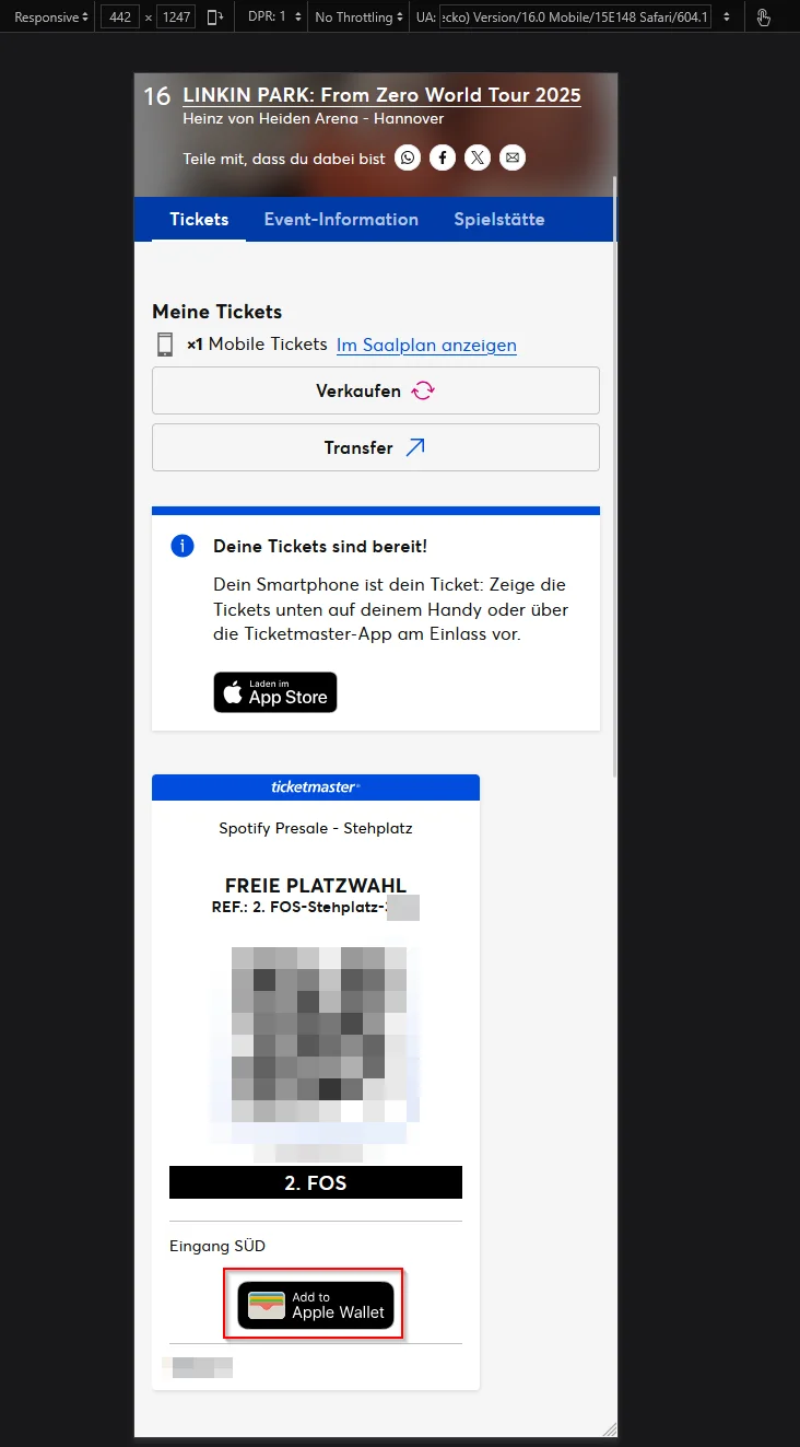 Screenshot of the Ticketmaster mobile site showing the 'Add to Apple Wallet' button after user agent spoofing