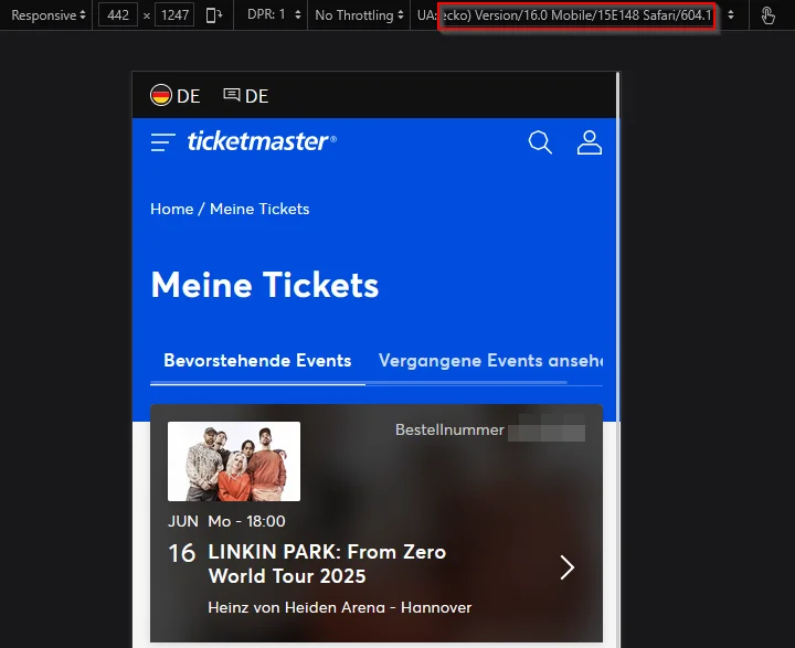 Screenshot of Firefox developer tools showing the user agent string set to mimic an iPhone